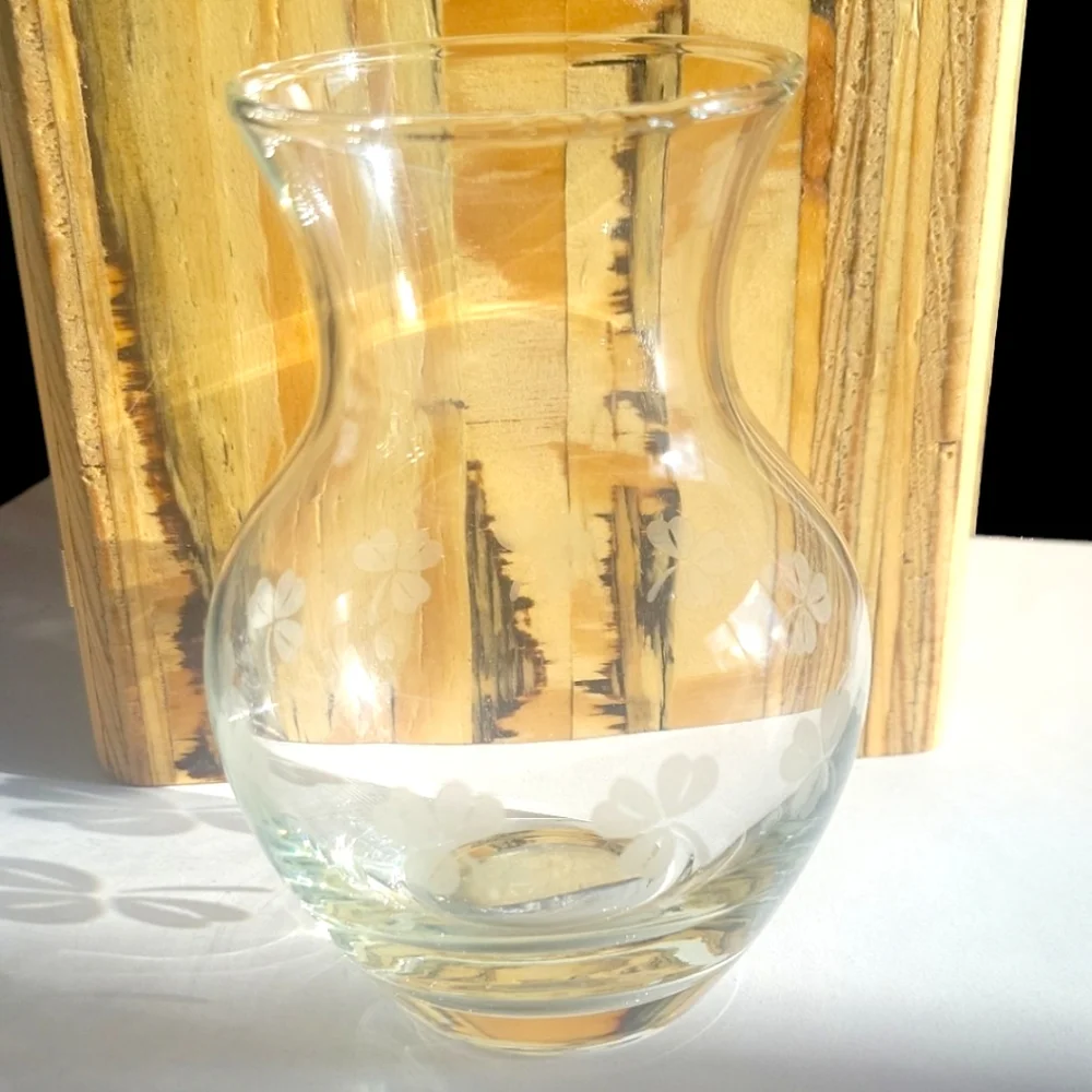 Vtg Blown Crystal Clear Glass Industries German Vase Clover St Patrick's Day